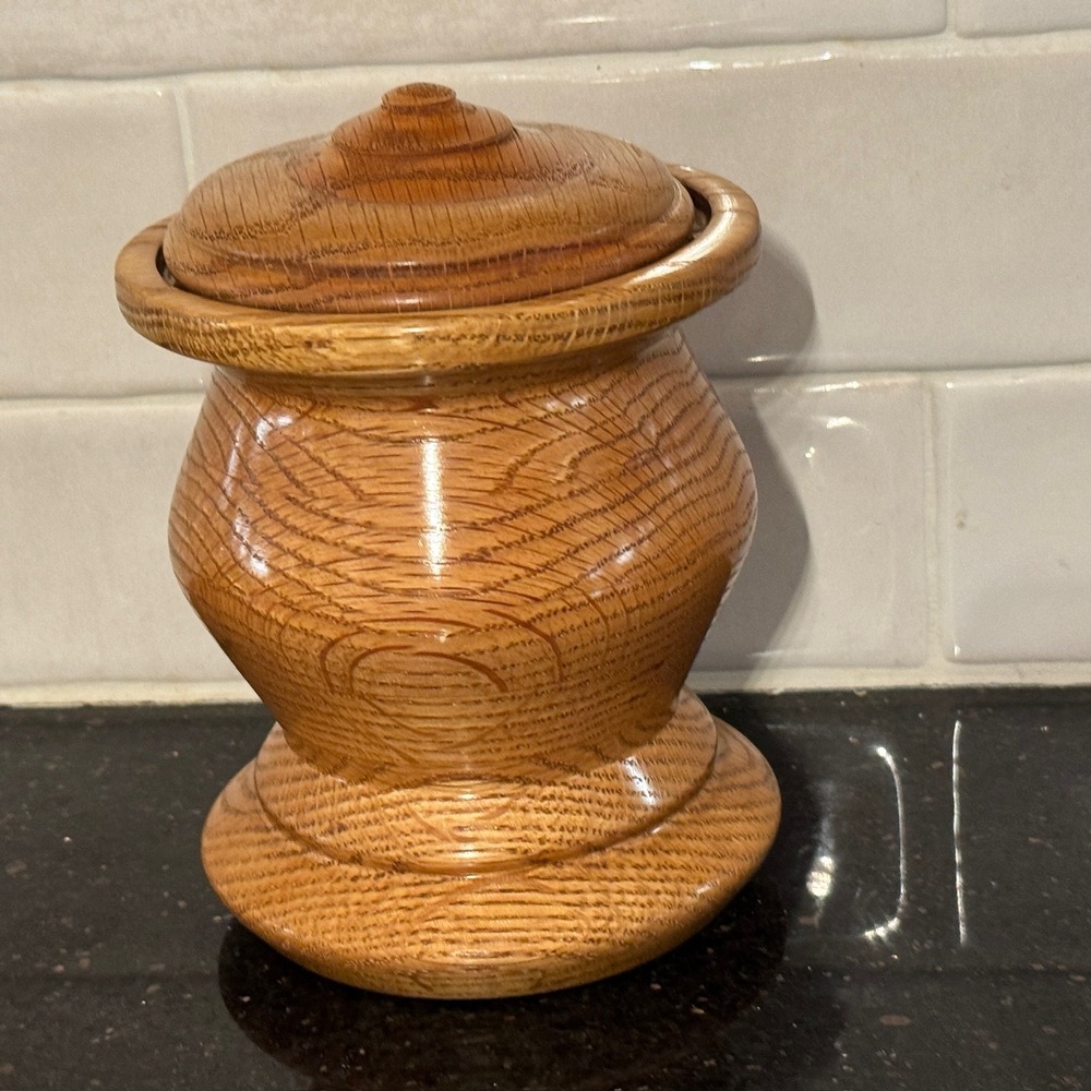 Handmade Turned Wood Lidded Jar Canister Pedestal Base Glossy Natural Grain